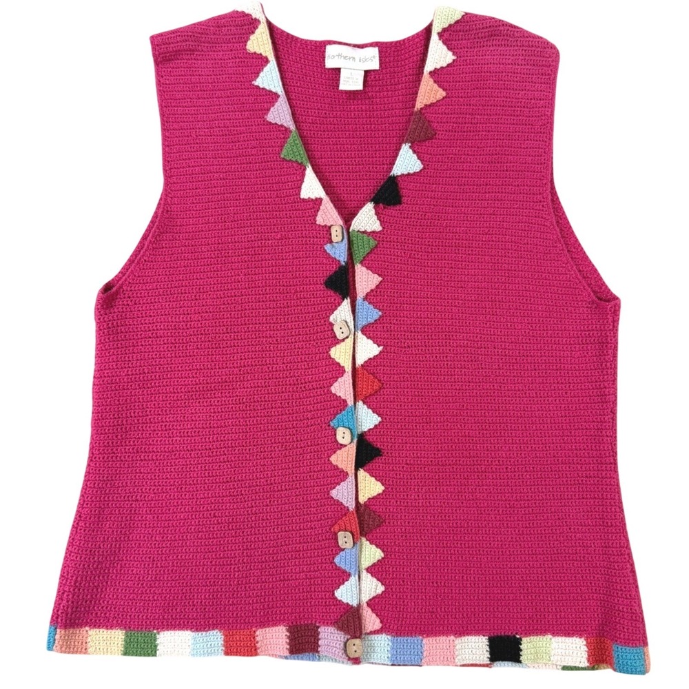 Cottagecore Sweater Vest Northern Isles Women LG Pink Artsy Teacher Colorful